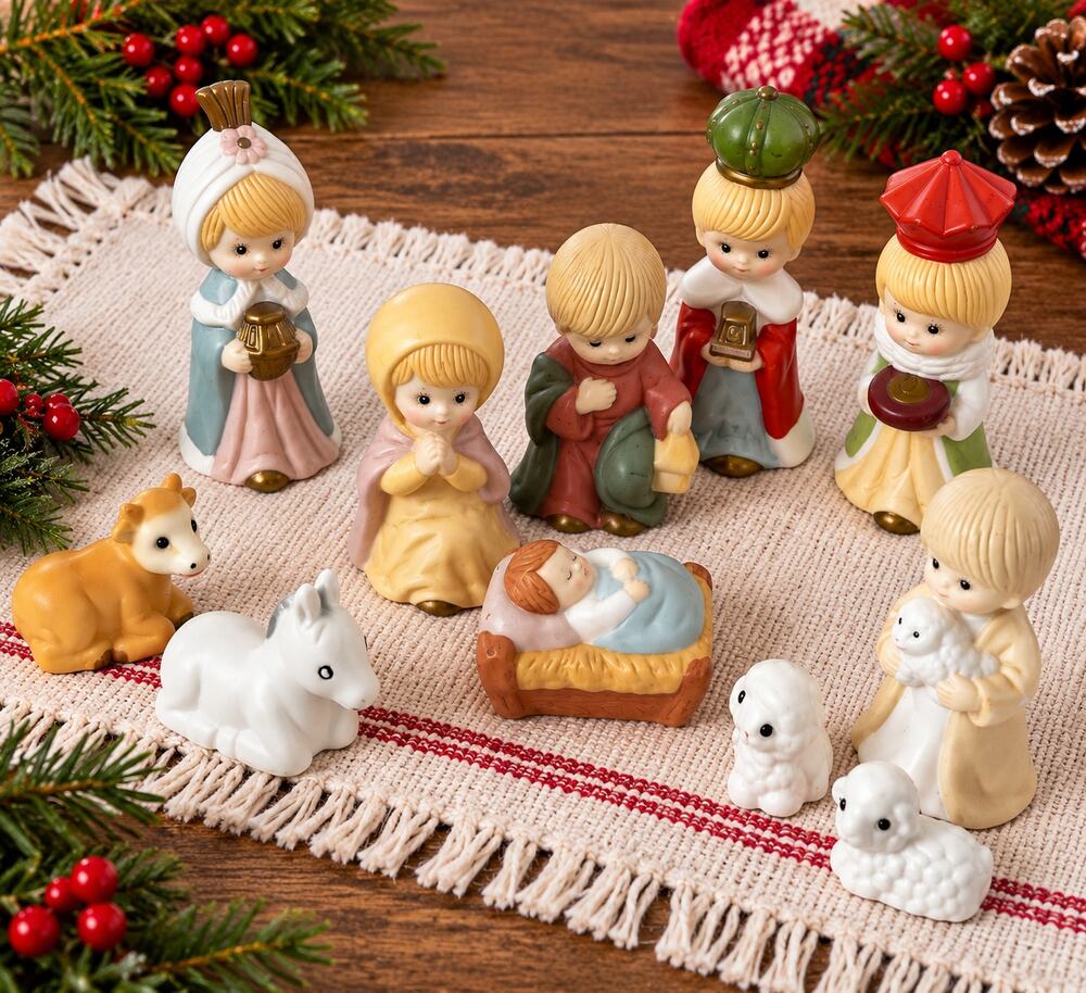 Vintage 11 Piece Ceramic Nativity Set Children Christmas Manger